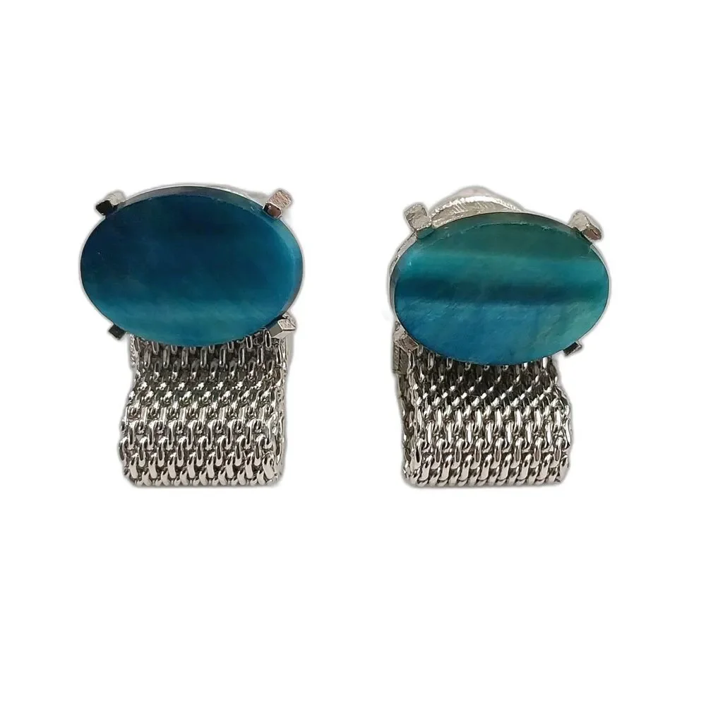 Vintage Dante Cufflinks Silver Tone With Faux Blue Agate Stone #J206